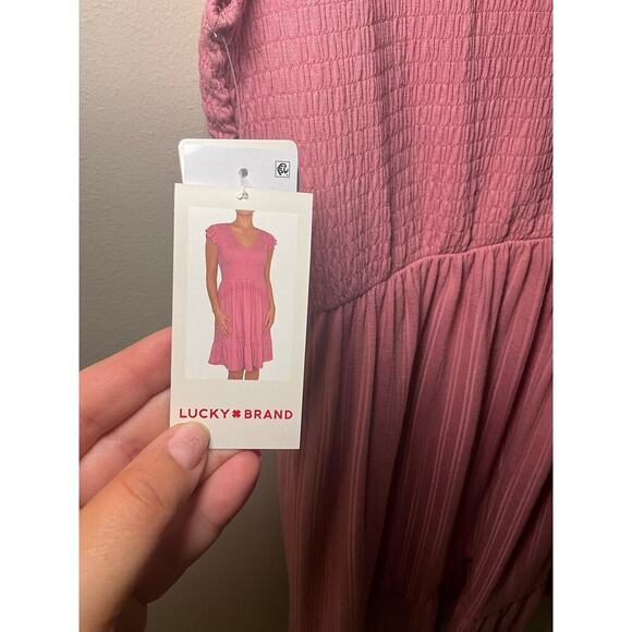 Lucky Brand Mini Shift Dress Women's XL Pink Short Cap Sleeve Ruffle Hem V-Neck - Picture 3 of 6